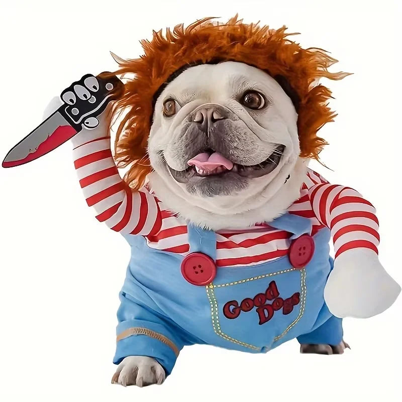 Costume Halloween chien poupée effrayante avec perruque